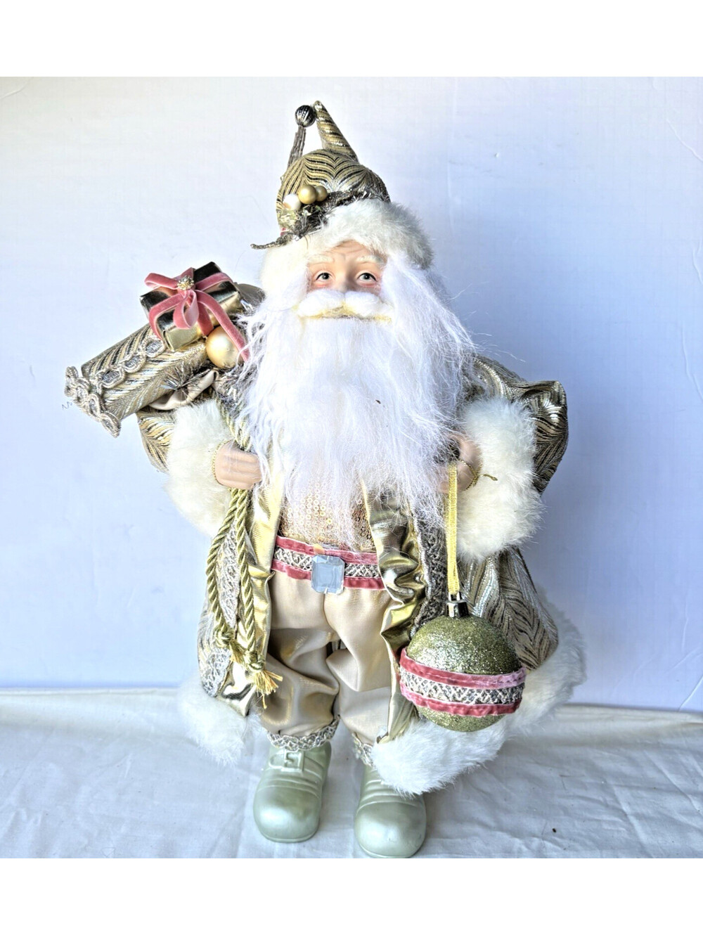 Ivory, Gold Lame’ & Mint Green Santa Figure 17" W/Ornament & Sack Of Presents